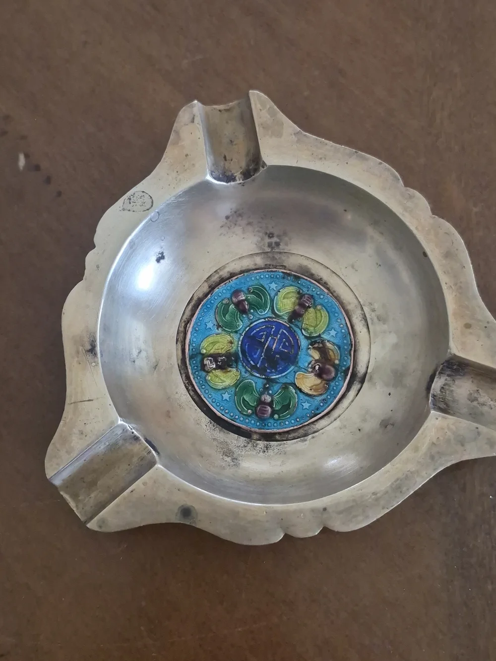 Pair of Antique Chinese Brass Ashtray With Enamel Bat Decoration